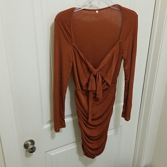 Coffee Long Sleeve Halter V-Neck Silk Bodycon Mini Dress sz Medium - Picture 8 of 14